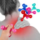 Multicolor four-ball manual massager being used on a neck