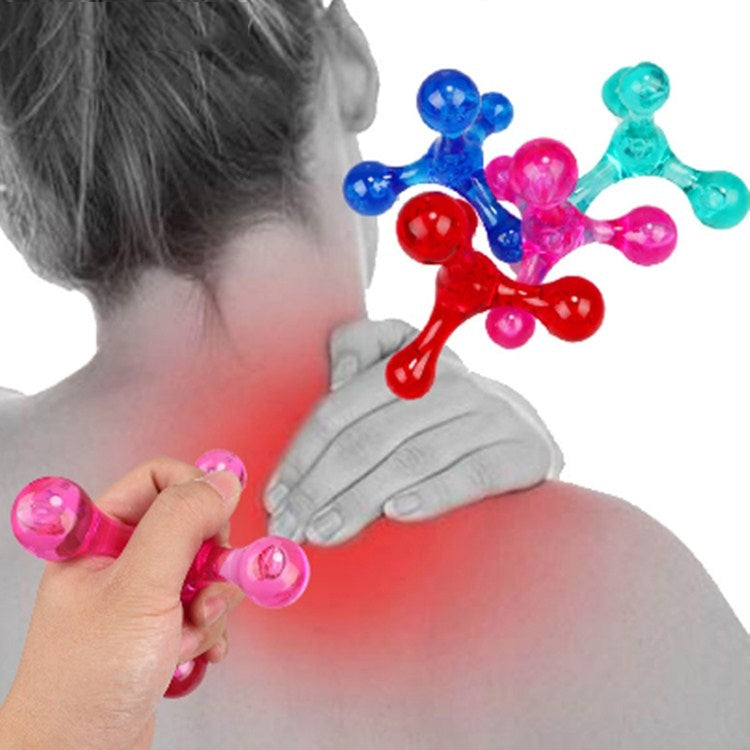 Multicolor four-ball manual massager being used on a neck