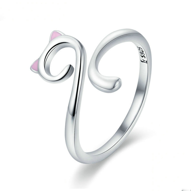 Silver open cat-shaped ring with pink enamel heart accents, S925 sterling