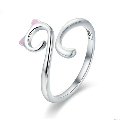 Silver open cat-shaped ring with pink enamel heart accents, S925 sterling