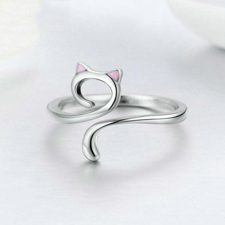 Silver open cat ears ring with pink enamel accents, S925 sterling