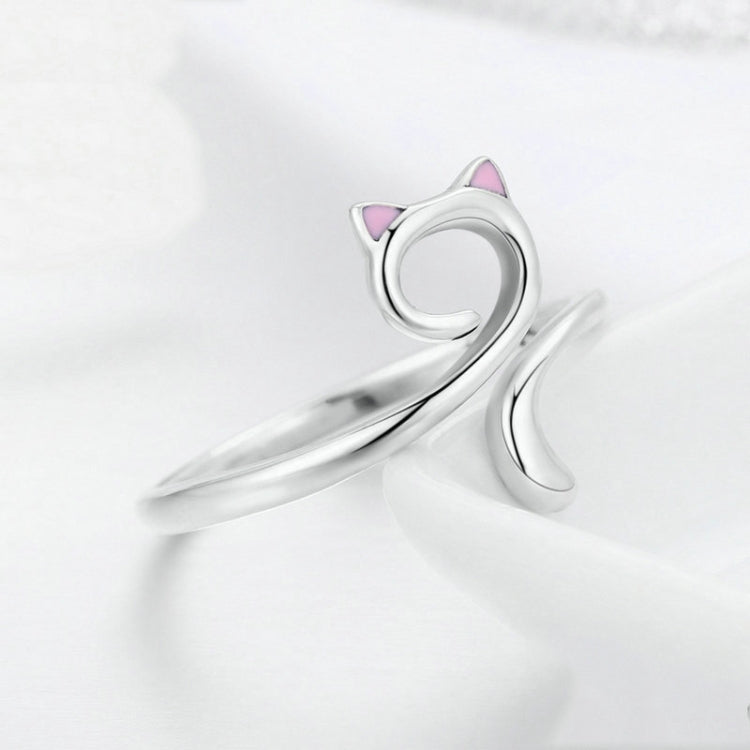 Silver open cat-themed ring with pink enamel ear details, S925 sterling