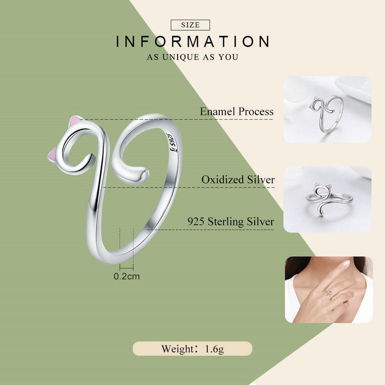 Open cat love ring in S925 sterling silver with pink enamel accents