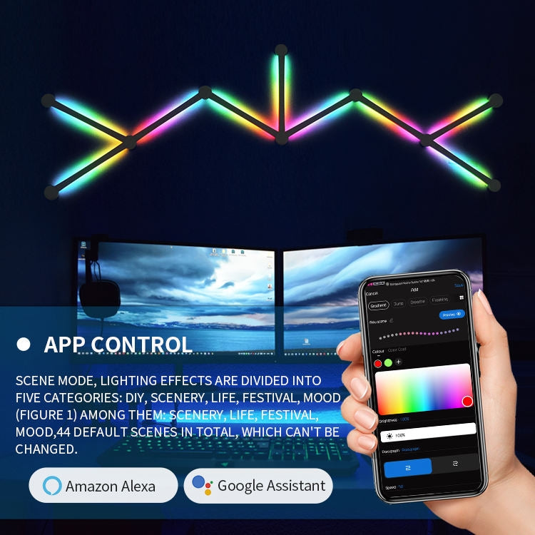 Geometric RGB LED wall light glowing in multiple colors with phone control visible