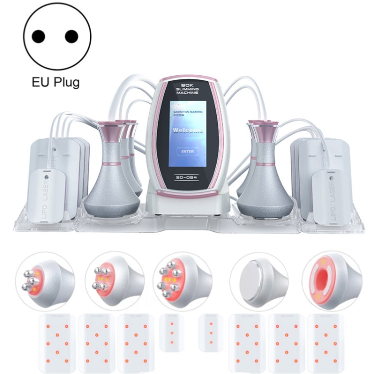 6-in-1 slimming machine kit with EU plug, pink trim, display screen, and handpieces