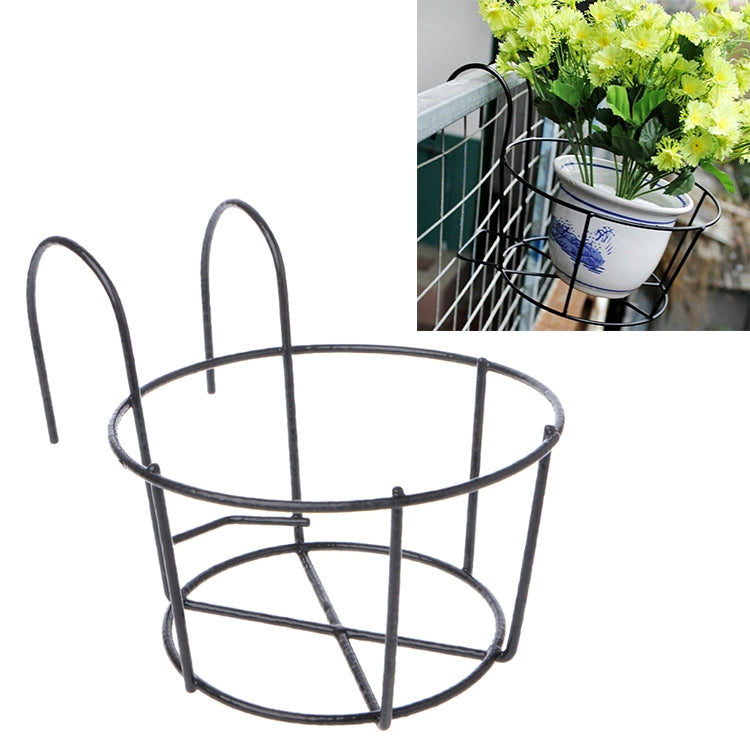 Black round metal flower pot stand with two-tier circular basket and tall curved legs