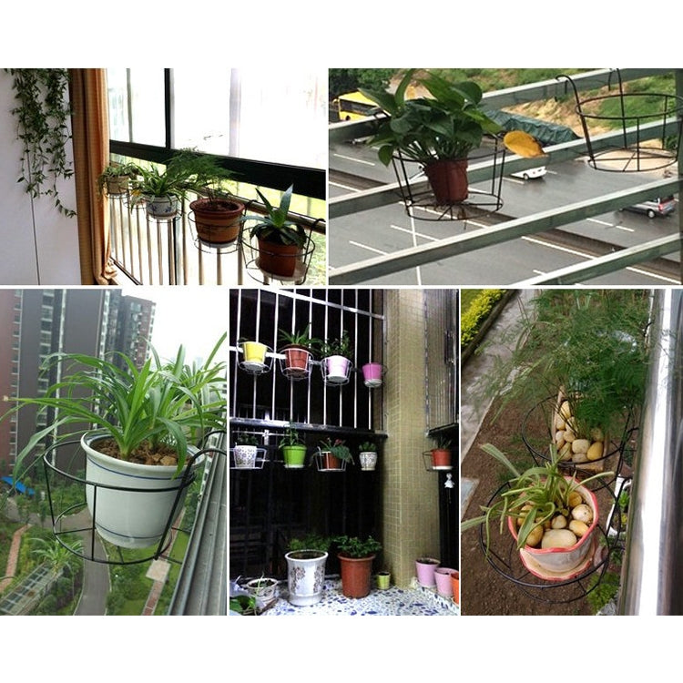 Black metal flower pot stands with potted plants on balcony rails