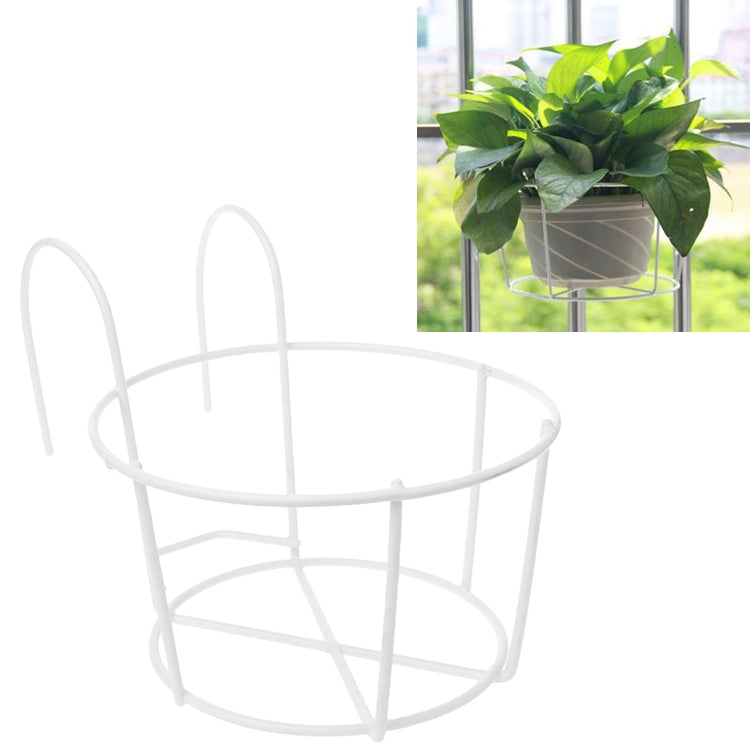 White round metal flower pot stand with two-tier circular basket, planter shown