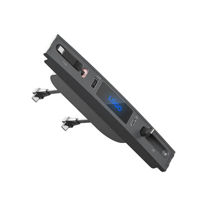 Car interior charging hub with 8-pin dock, multiple ports, and blue LOGO display