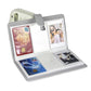 3-inch PU photo album opened, light gray cover with multi-photo card sleeves