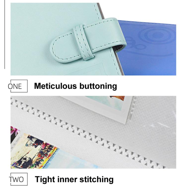 3-inch PU photo album close-up, mint blue cover with stitched strap closure