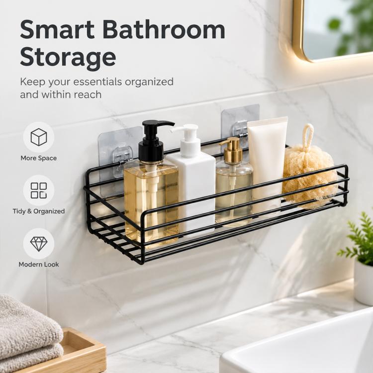 Black wall-mounted bathroom shelf rack with square mounting brackets