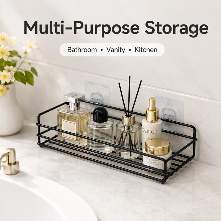 Black wall-mounted bathroom shelf rack for vanity items on two wire shelves