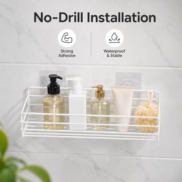 White wall-mounted bathroom shelf rack with two wire shelves and square mounts