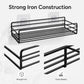Black wall-mounted shelf rack with welded corner frame and wire grid tiers