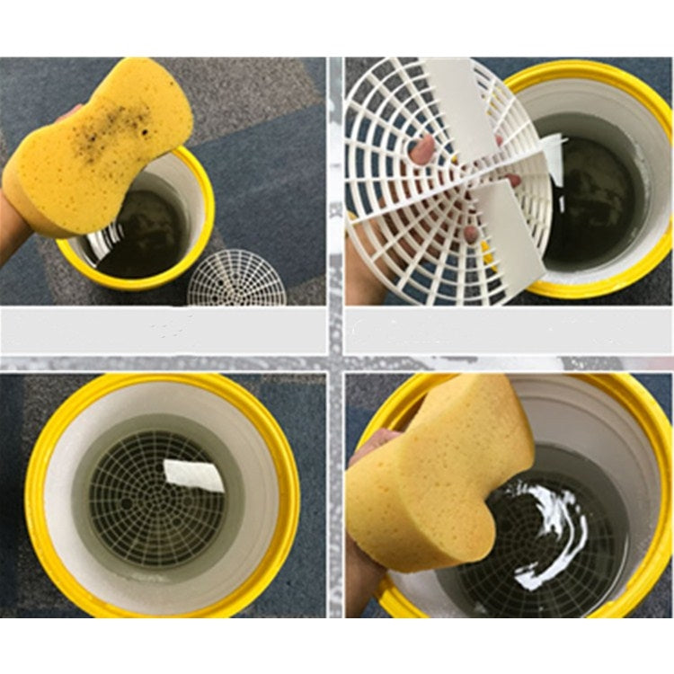 Car washing filter net disc shown in use with yellow rim and white grid cover