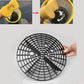 Black circular sand and stone isolation filter net disc held by hand, grid spokes visible