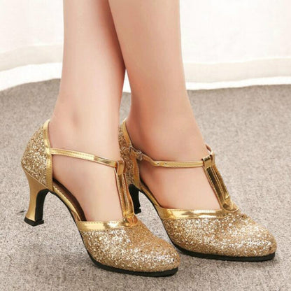 Gold sequined Mary Jane Latin heels with ankle straps and low stacked heel