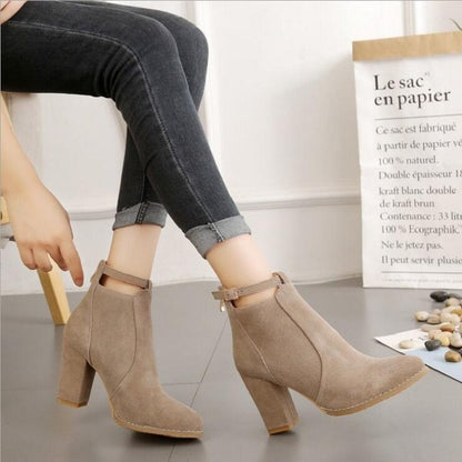Camel suede pointed-toe ankle boots with buckle strap and block heels