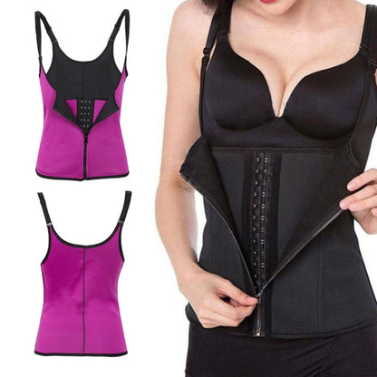 Rubber belly belt corset with underbust cups, front zipper, black and purple colors