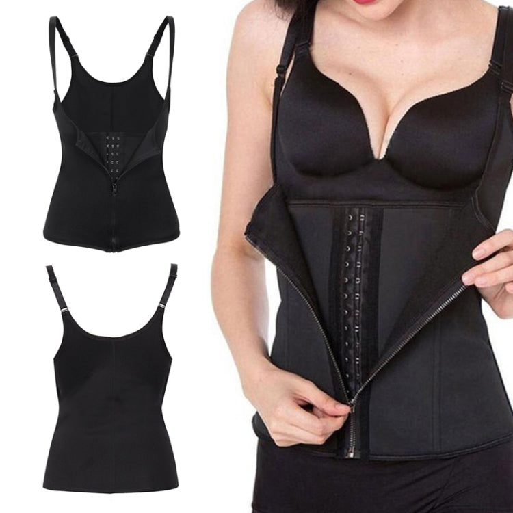 Black rubber belly belt corset with front zipper and grommet center panel, adjustable straps