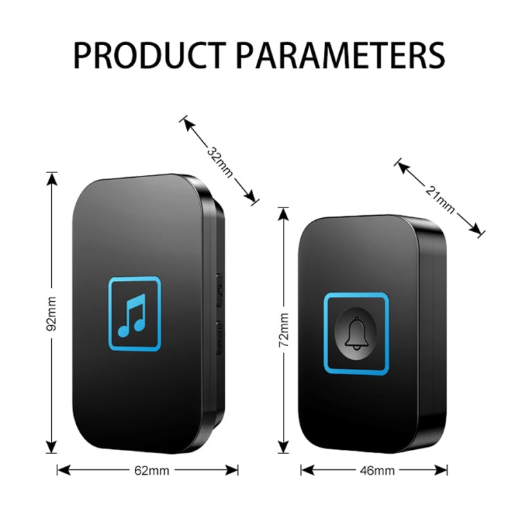 Black wireless doorbell transmitter dimensions diagram, with music and bell icon panels