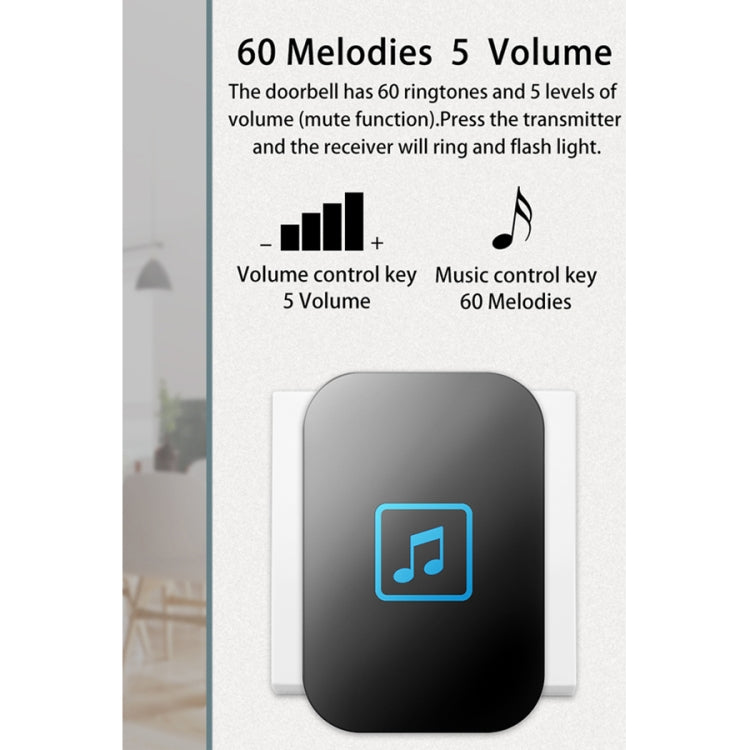 Black wireless music doorbell receiver with volume and music control buttons