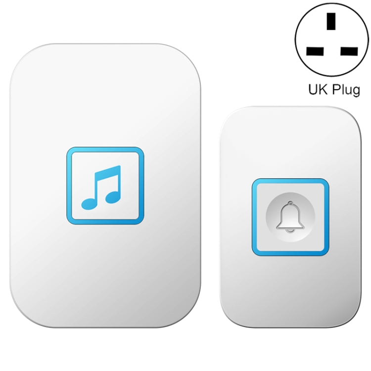 Wireless music doorbell transmitter set, white finish, UK plug, with music and bell buttons