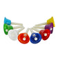 Eight-tone bell percussion toy with multicolor bell heads and white handles fanning out