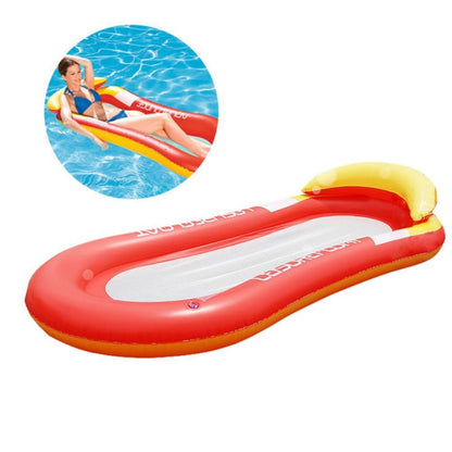 Red and white inflatable floating lounge chair with yellow headrest and back support