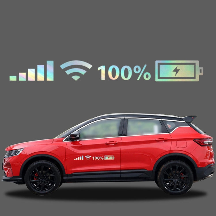 Car windshield vinyl decals with colorful WiFi and battery icons on a red SUV