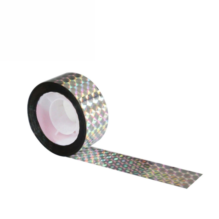 Reflective iridescent bird repeller ribbon roll with black core and shimmering strip