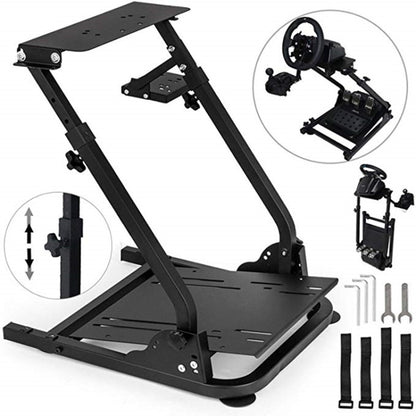 Racing simulator steering wheel stand with adjustable mounting plates, dark steel frame