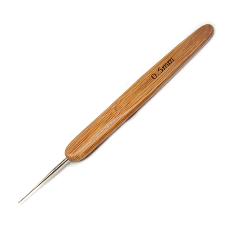 Bamboo braid crochet hook with double-prong metal tip, marked 0.5mm, angled view