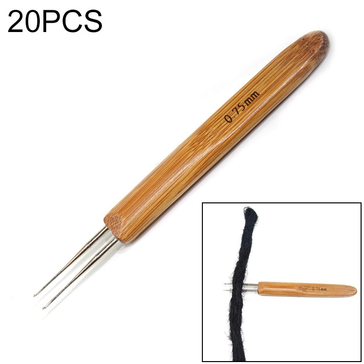 Bamboo braid crochet hook with double-prong metal tip, marked 0.5mm, inset detail