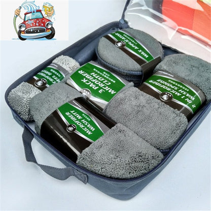 Gray 9-piece car wash cleaning kit in zippered organizer bag with microfiber pads and bottles