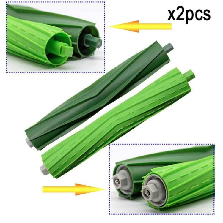 Two-piece green roller brush set with end mounts and textured bristles