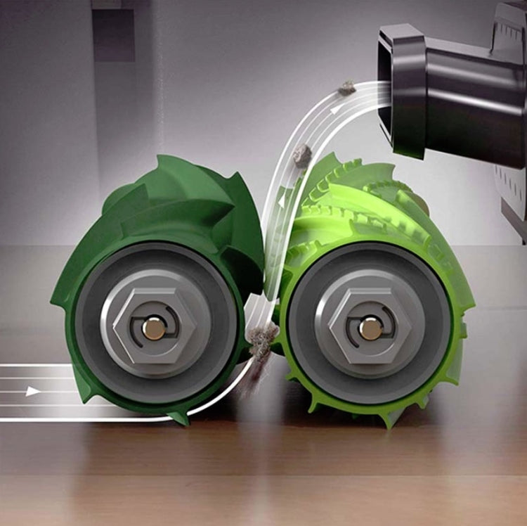 Robot vacuum front view with green brush covers and drive wheels