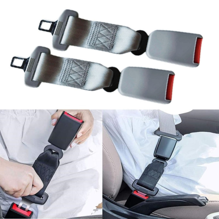 Car seat belt extender set (2) with gray straps and red release buckles