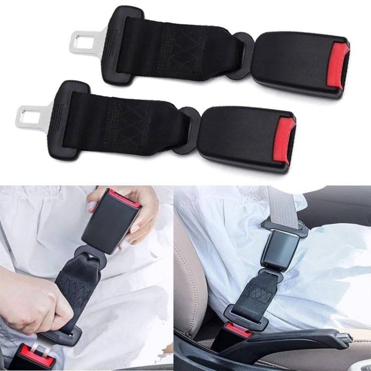Car seat belt extender set (2) featuring two black strap extenders with red release