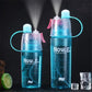 Blue translucent spray water bottle with lid, curved mist tube, Now.e