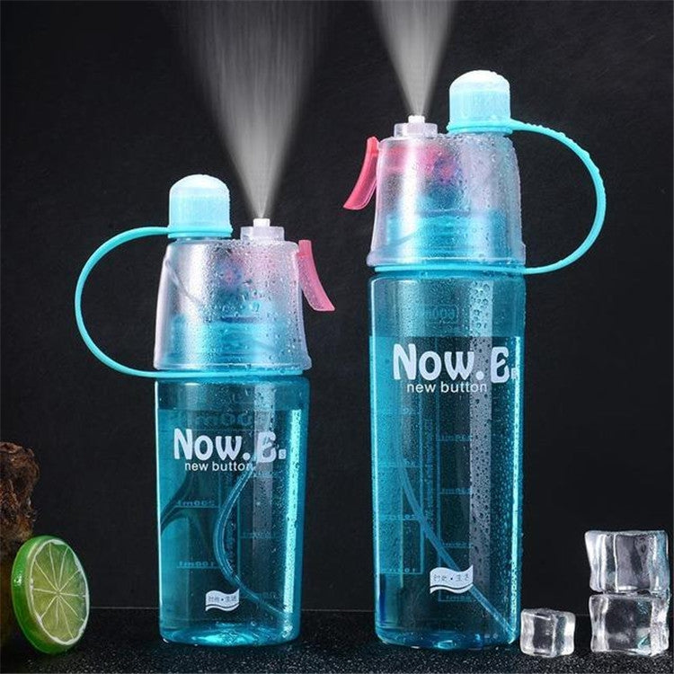 Blue translucent spray water bottle with lid, curved mist tube, Now.e