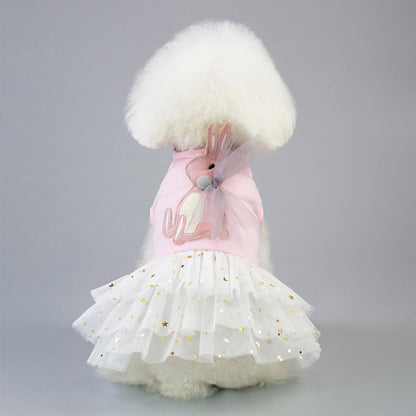 Pet rabbit-themed skirt for small dogs, pink top with bunny applique and white star tulle