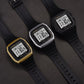 Three digital sports watches on black straps: black, silver, and gold-toned cases
