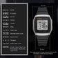 Black digital sports watch with silver bezel, shown with size measurement layout