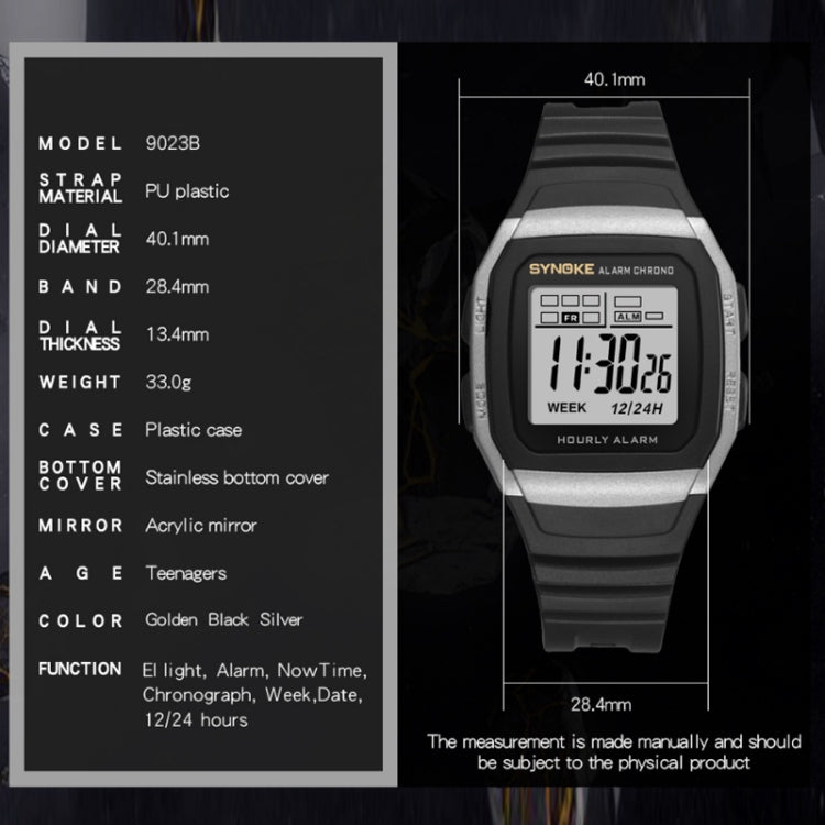 Black digital sports watch with silver bezel, shown with size measurement layout