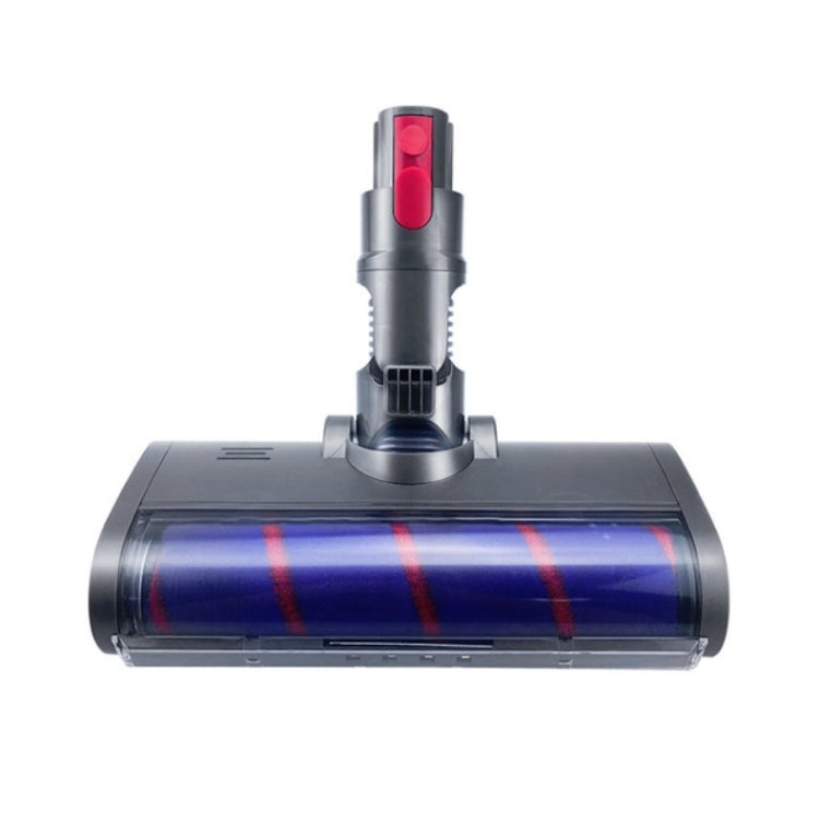Electric vacuum brush nozzle with red switch and blue roller inside clear housing