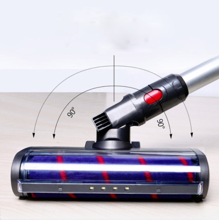 Electric vacuum brush nozzle on floor with red button and blue roller; size markers