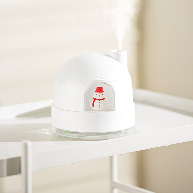 White snowman humidifier night light with red snowman icon, desktop mini atomizer.
