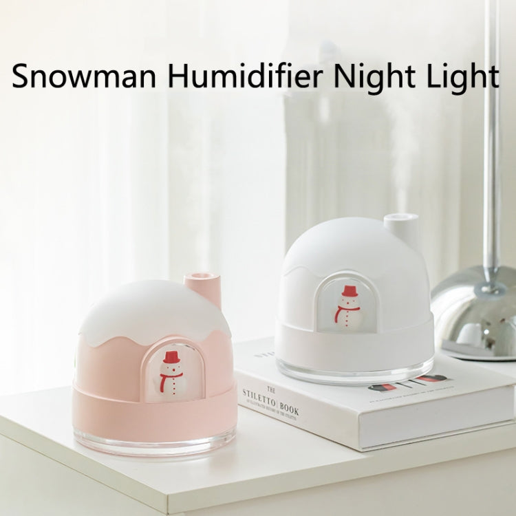 Snowman humidifier night light set on desk, white dome with red snowman window.
